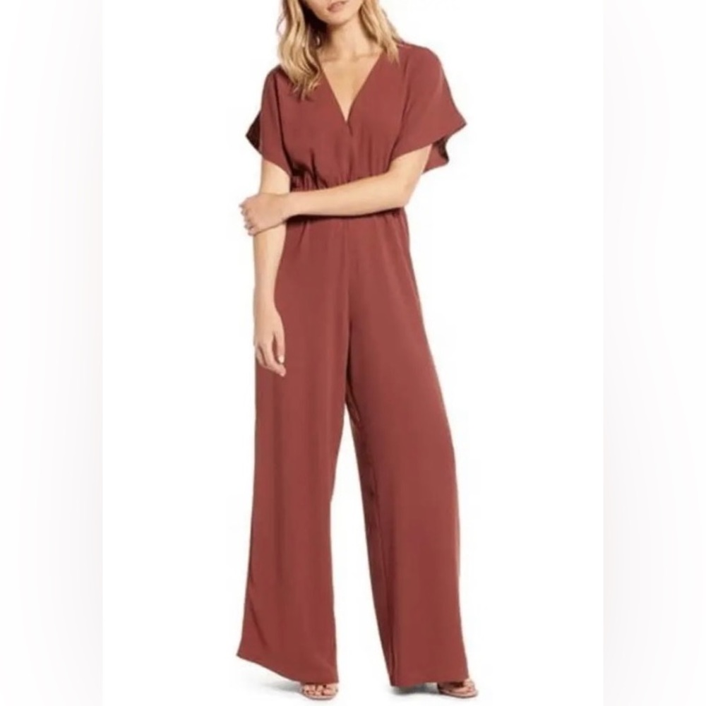 Anthropologie - Bishop + Young - Burnt Orange V-Neck Short Sleeve Jumpsuit